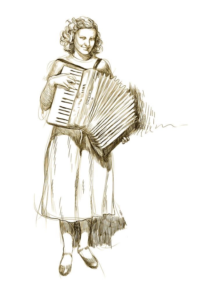 音乐家,手绘插图.在拉手风琴的女人.