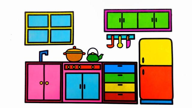 儿童简笔画教程彩页涂色学习颜色 厨房锅具冰箱洗手台