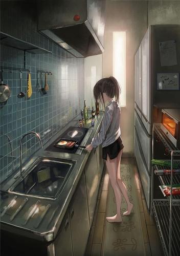 在厨房做饭的那些二次元插画欣赏,是不是像极了现实版的厨房生活