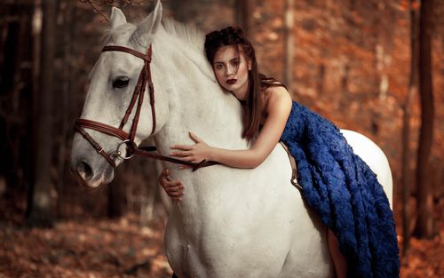 蓝裙子的女孩拥抱白色的马