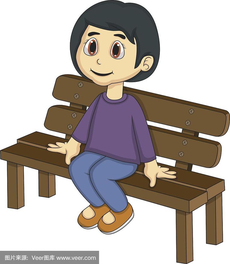 小女孩坐在长椅上的卡通