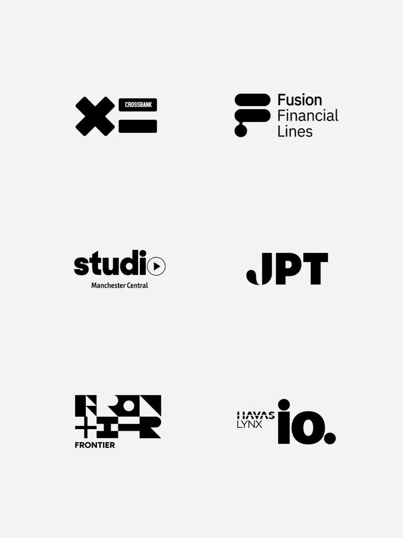 创意logo设计以几何图形与英文字体设计排版为基础,创造出简约而又