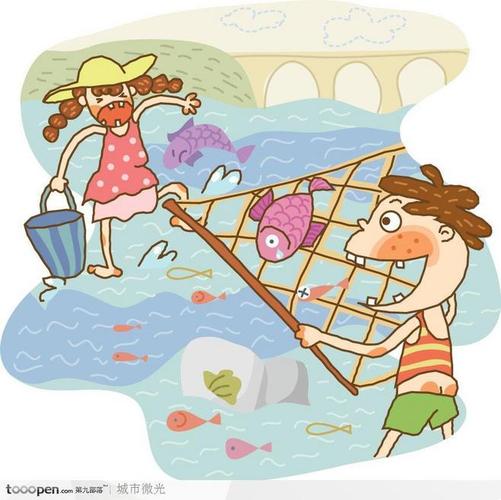 简笔画儿童插画-河里捕鱼的男孩和女孩