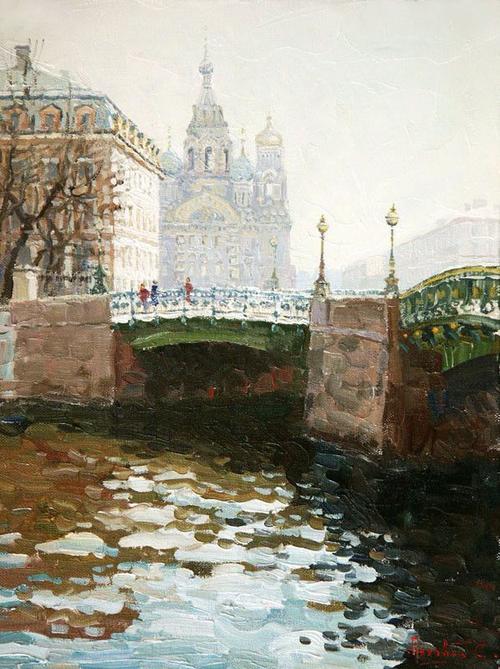 列宾美术学院画家小笔触的俄罗斯城市风景油画作品
