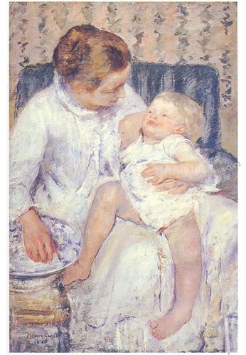 玛丽卡萨特《正要给困倦的孩子洗澡的母亲》油画高清大图
