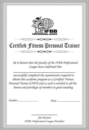 此证书为:ifbb职业私人健身教练认证证书