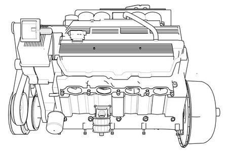发动机线条强大的汽车引擎.在白色背景上的黑色线条画是发动机照片