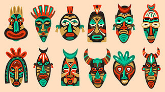 仪式性的非洲或夏威夷传统仪式图腾,民族仿古木制 i>面 /i>罩矢量图集