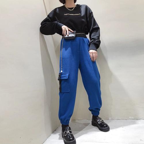 蓝色运动裤女韩国2020秋装新款洋气网红工装休闲裤