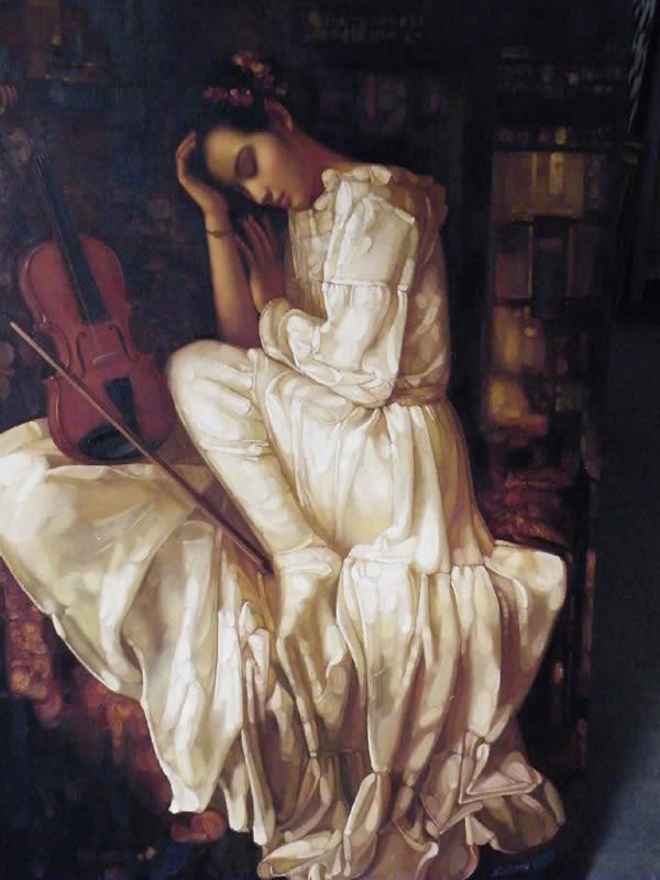 拿小提琴的女人油画作品