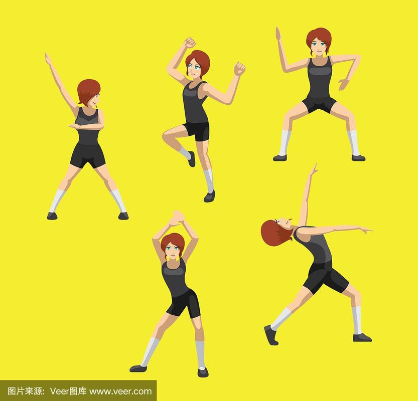 漫画风格红发女人卡通尊巴舞姿势设置向量