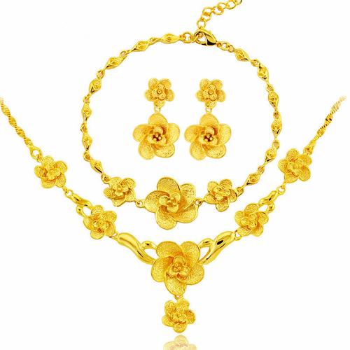 缅甸砂金复古花朵镀黄金首饰三件套装项链手链耳环女新娘结婚礼物