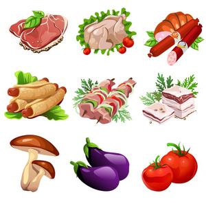 肉品和蔬菜.在卡通风格的食品.