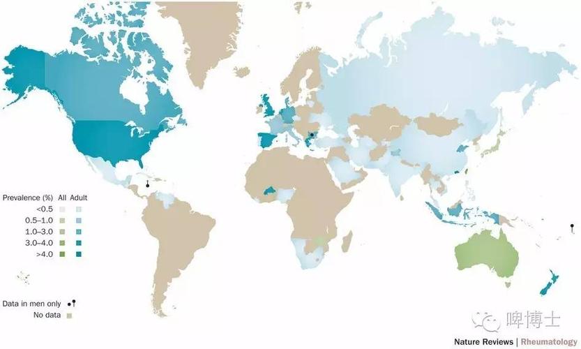 世界地图:世界痛风分布图表明,海产品大量摄入与痛风发病正相关,与
