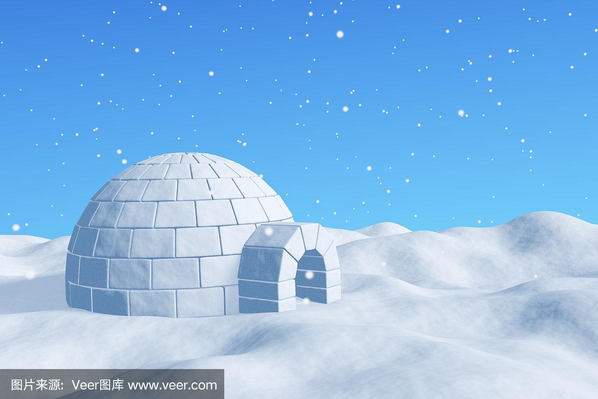 雪下蓝天下的冰屋