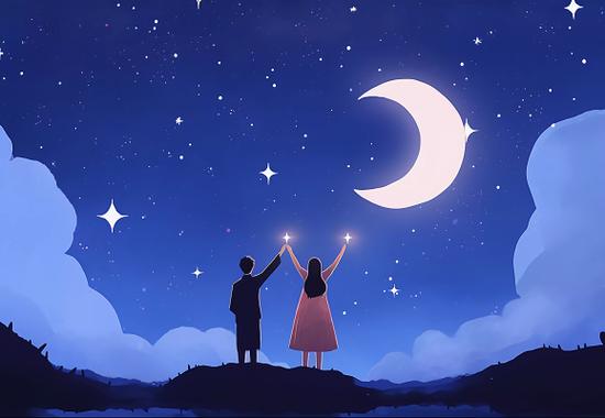 情侣牵手在夜晚欣赏星空摘星星唯美浪漫情人节爱情双人手绘插画温馨
