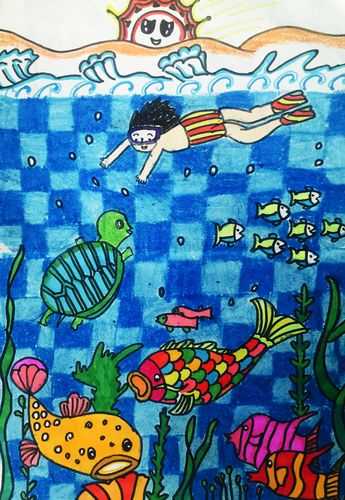 海底世界 儿童画 游泳 蓝色