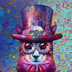 赛博朋克png蒸汽朋克猫迷幻艺术蒸汽朋克小猫与三维插图元素背景