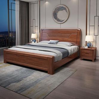 胡桃木实木床双人大床简约现代中式床卧室家具 床 8cm棕垫 1.