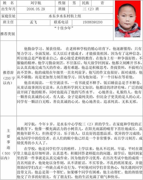 刘宇航水东乡中心小学三(2)班十佳少年推荐表