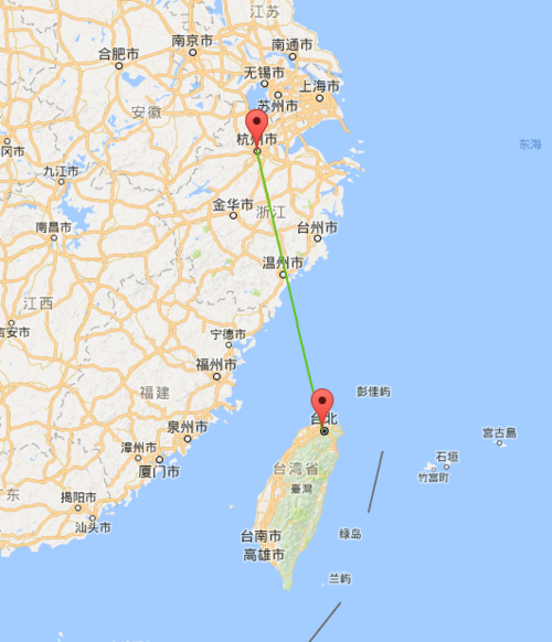 台湾到杭州的地理位置.