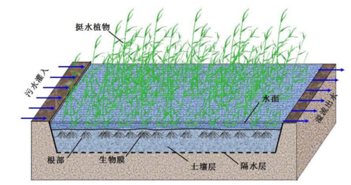 图1表流人工湿地示意图(2)水平潜流人工湿地指污水在基质层表面以下
