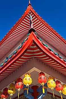 盖屋顶细节,灯笼,中国寺庙,槟城,马来西亚