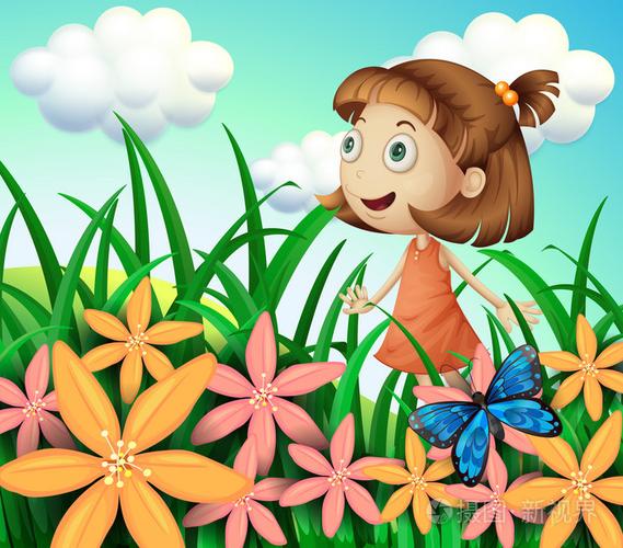 一个女孩在花园与蝴蝶和鲜花