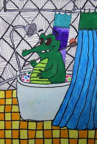 少儿书画作品-《小鳄鱼爱洗澡》/儿童书画作品《小鳄鱼爱洗澡》欣赏