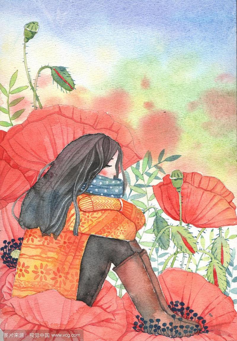 唯美水彩手绘插画-坐在花朵上的女孩