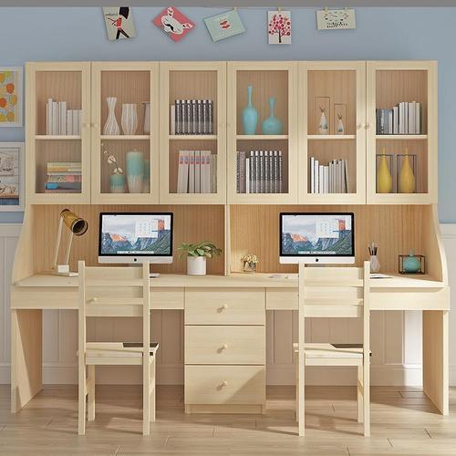 实木双人电脑桌书桌儿童双人学习桌书架书柜组合办公桌子台式家用定制