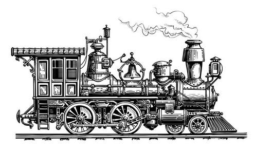 蒸汽火车膨化复古蒸汽机车, 火车.复古素描矢量插画照片