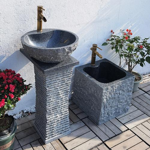 石头立柱盆庭院户外洗手台拖把池一体阳台落地式大理石洗手池单盆