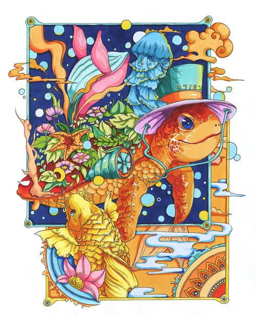 色彩装饰画保护海洋水生动物题材