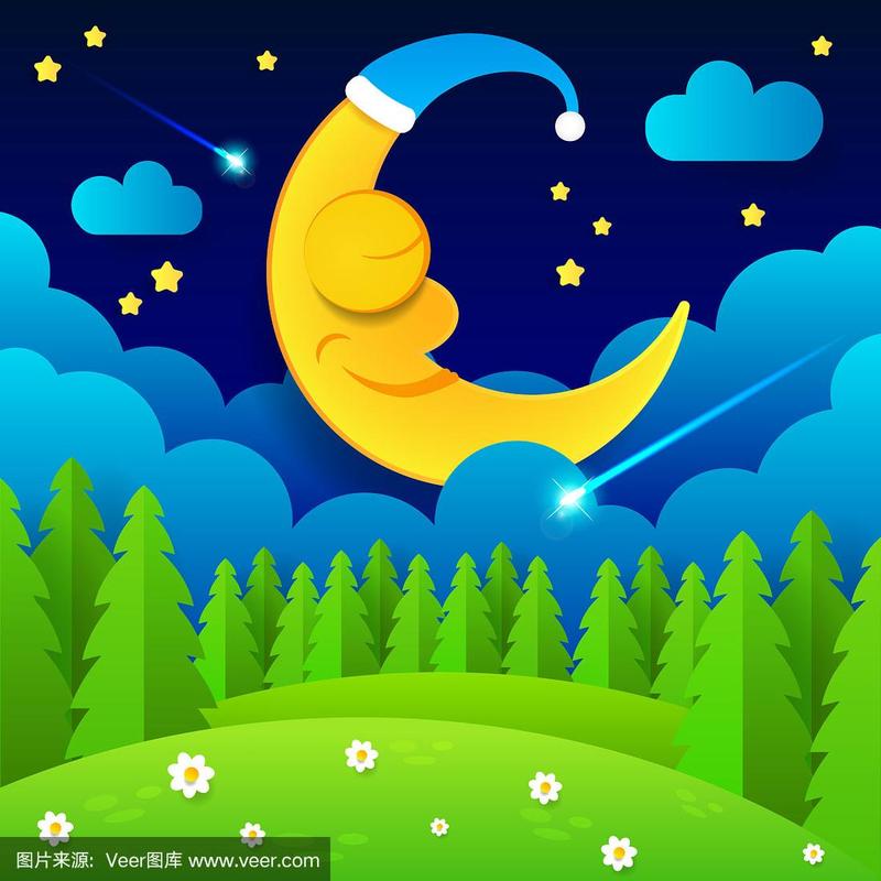 可爱的卡通月亮在夜空中睡觉的月亮