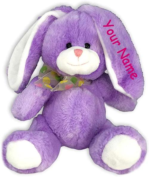 个性化可爱的紫色坐长耳朵毛绒复活节兔子兔子与自定义名称