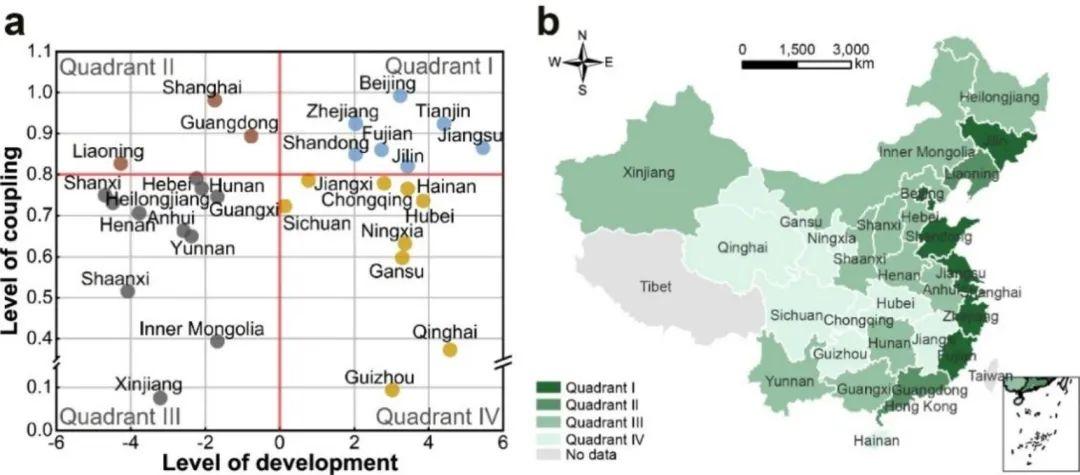 图5 2000-2018年中国省级行政区可持续发展水平(a)与空间分布格局(b).