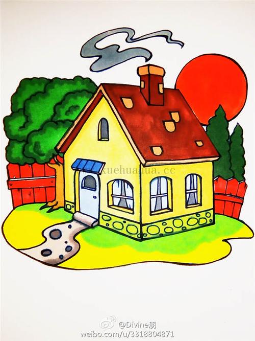 儿童学画画:落日房屋的画法