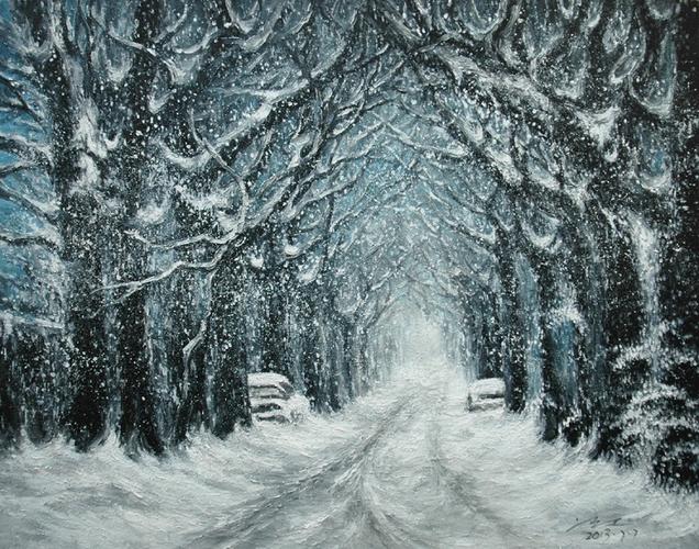 油画作品《雪夜》90x70