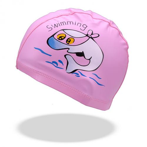 儿童涂层卡通海豚游泳帽儿童泳帽男女童宝宝防水护耳布泳帽粉红色小