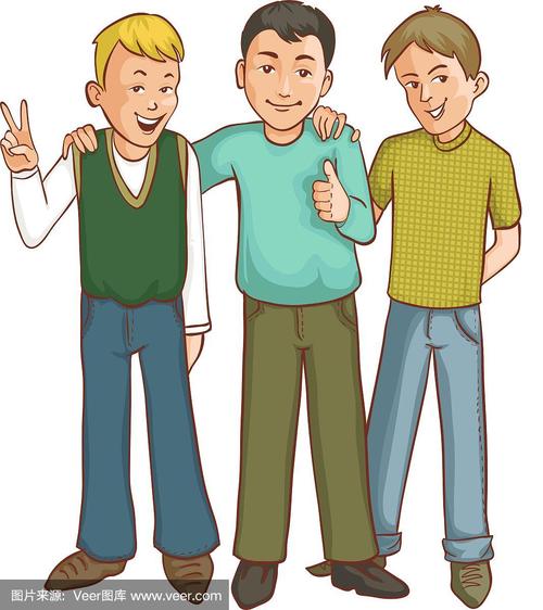 三个互相支持的快乐卡通男孩