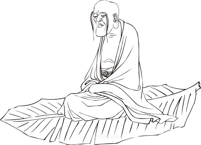 坐在芭蕉叶上的僧人手绘线描108罗汉矢量绘画图片