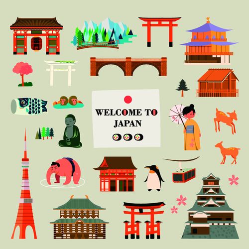日本旅游手绘标志性建筑矢量素材设计元素素材免费下载(图片编号