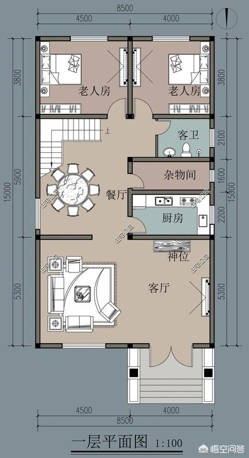 5m×15m一套现代风格自建房户型,宅基地两面有邻居,可以设计成两开间