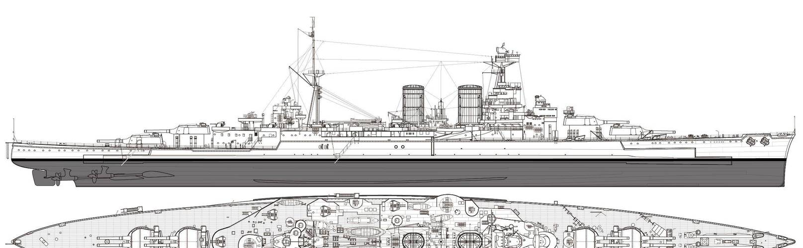 的"欧根亲王"号重巡洋舰侧视图本厂长绘制的"肯特"级重巡洋舰二视图
