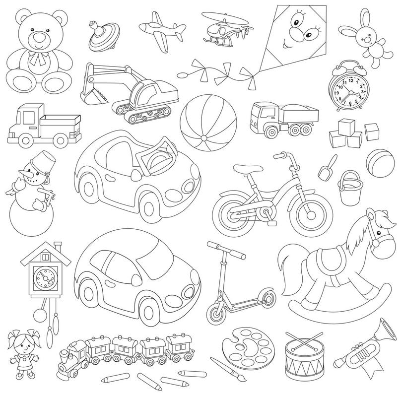 玩具,儿童玩具卡通风格,在白色背景上的黑色和白色轮廓插图一套