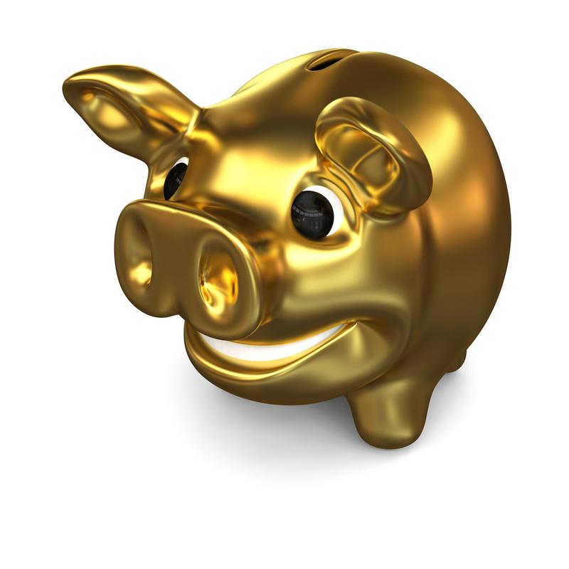黄金猪存钱罐,金色的存钱罐, 财富, 储蓄和投资,孤立的白色背景上的
