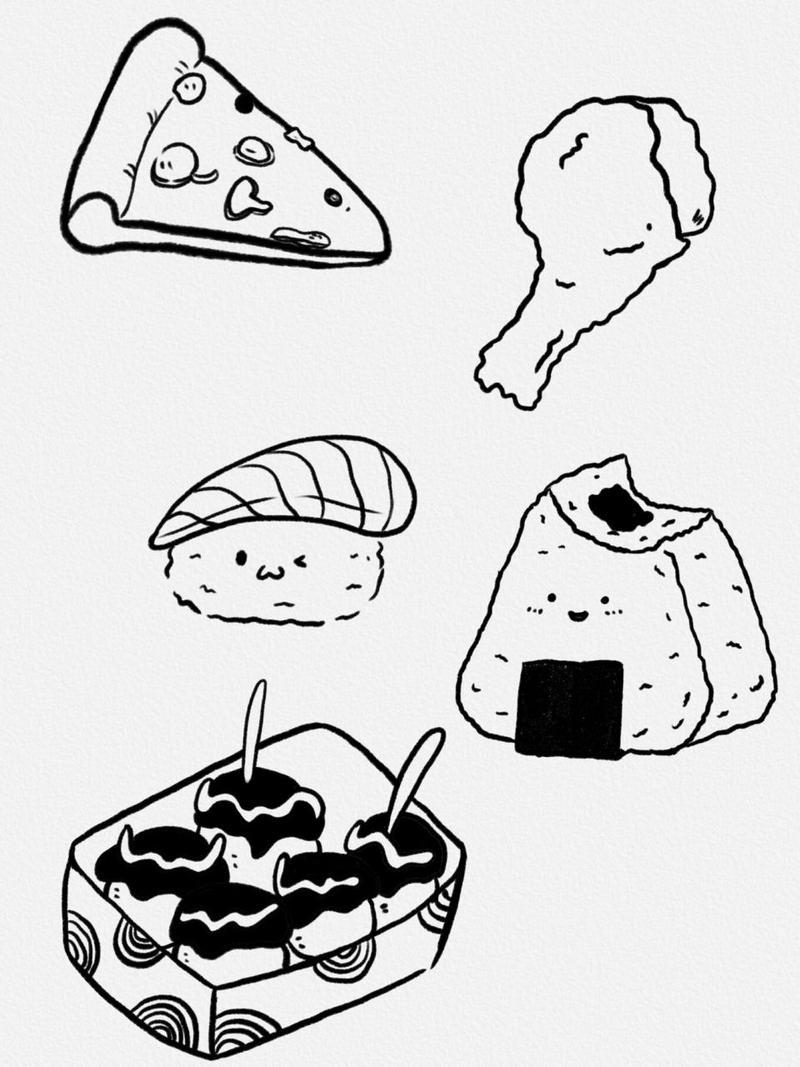 美食简笔画|附过程 画了一些小寿司97好久没吃日料了～有点怀念