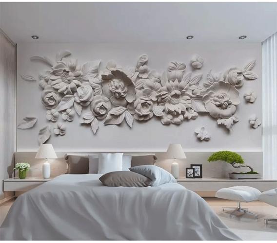 3d立体简约浮雕石膏花电视背景墙壁纸卧室沙发客厅墙纸影视墙壁画