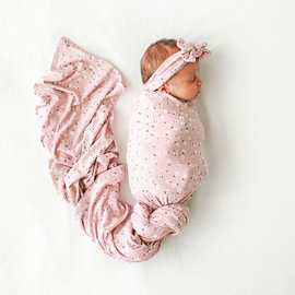欧美新生儿摄影裹布蝴蝶结发带包裹巾套装宝宝花朵抱毯两件套